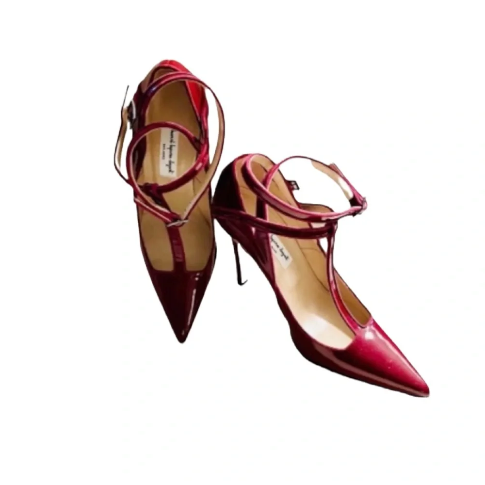 New! HENRI LEPORE DEZERT Carmela Burgundy Patent Crossback Heels  Shoes - Picture 6 of 12